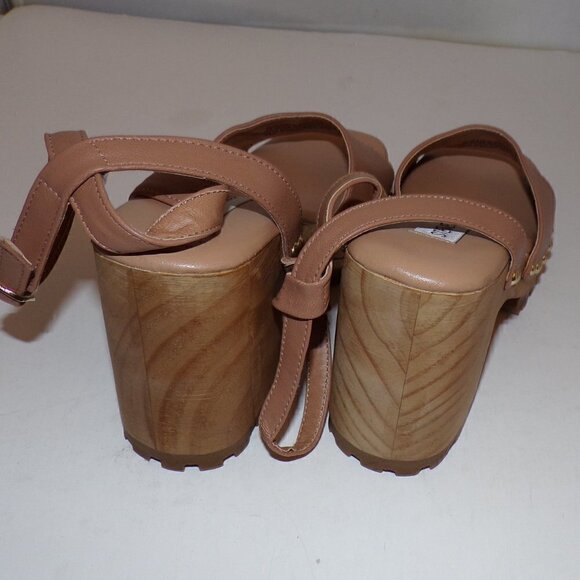 Steve Madden Ocala Tan Leather Ankle Strap Squared Open Toe Studded Wood - Picture 6 of 8